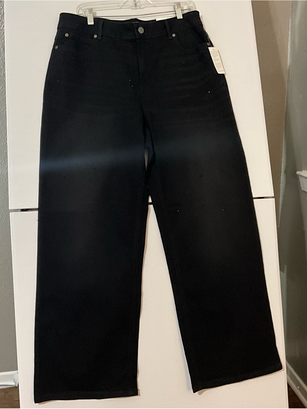 Denim 1946 Womens Hi Rise Wide Leg Black Rhinestone Perforated Jeans Size 16